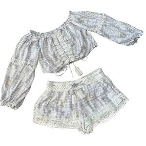 Surf Gypsy Baby Doll Top Short Set S/M Crochet Tie Dye Stars Lavender White